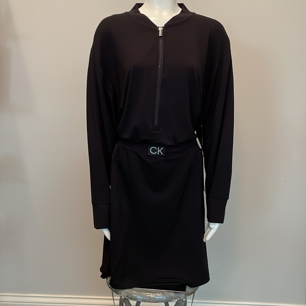 Calvin Klein 1/2 Zip Front Long Sleeve Casual Jersey Dress in Black Size 2X NWT